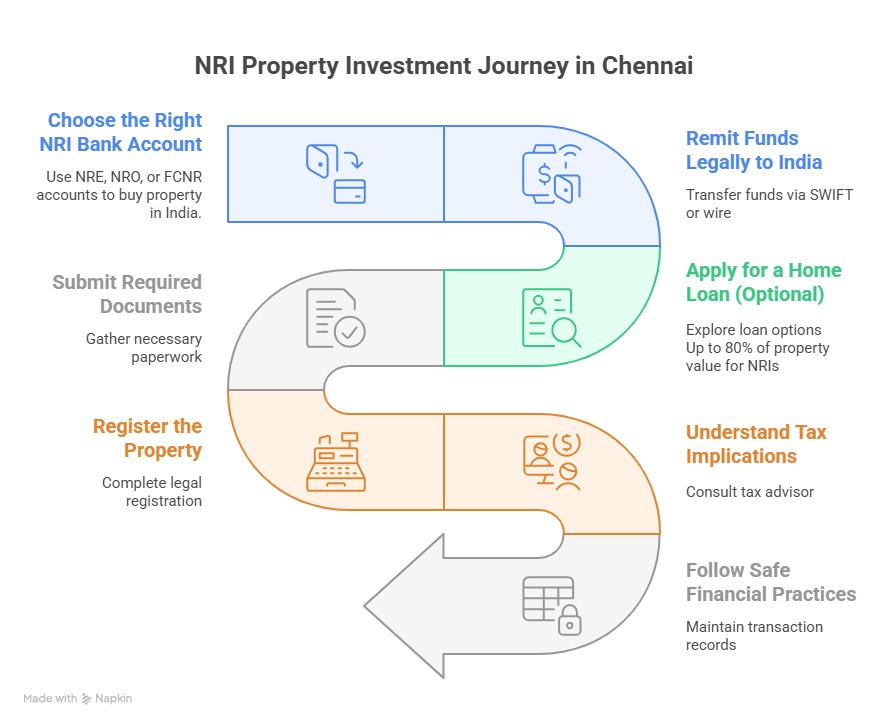 Infographic showing how NRIs can fund property in Chennai using NRE/NRO/FCNR accounts, legal bank transfers, and home loans through Indian banks, following RBI and FEMA rules.