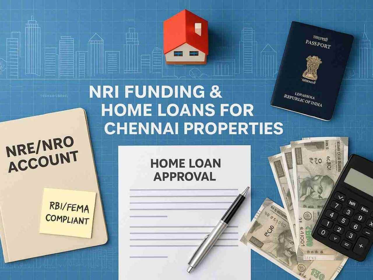 Flat-lay image featuring key financial elements for NRIs investing in Chennai property: a home loan approval document, Indian passport, rupee notes, a calculator, and a miniature house, representing funding, banking, and home loan processes for NRIs.