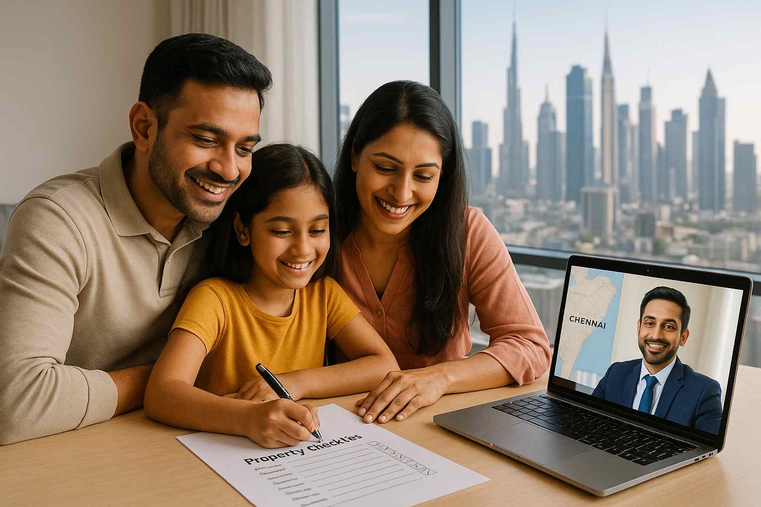 Indian NRI family abroad reviewing a property checklist at home, while video calling a real estate agent in Chennai. A laptop screen shows a Chennai map and apartment image, symbolizing NRI home buying process and property planning checklist.