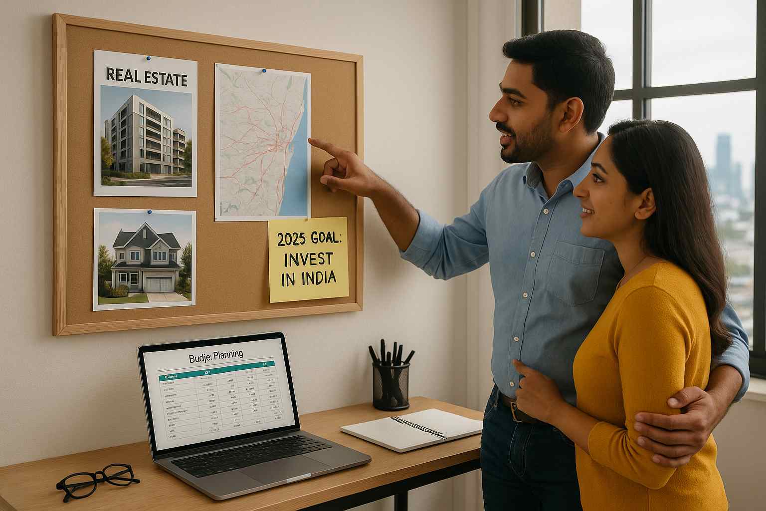 An NRI couple strategizing their 2025 Chennai property investment, representing NRI real estate planning, property selection, and investment strategy in India.