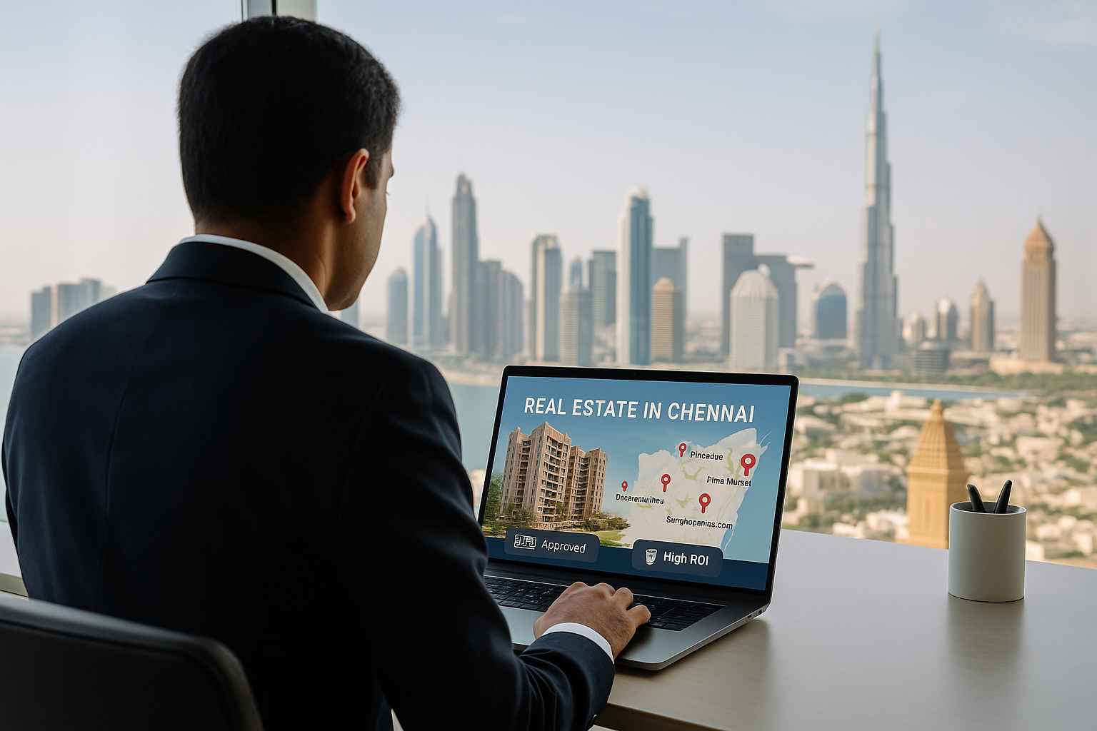 Back view of an Indian NRI professional browsing Chennai real estate listings on a laptop, with the Dubai skyline visible through a large office window, symbolizing global property investment and NRI trust in Chennai real estate.