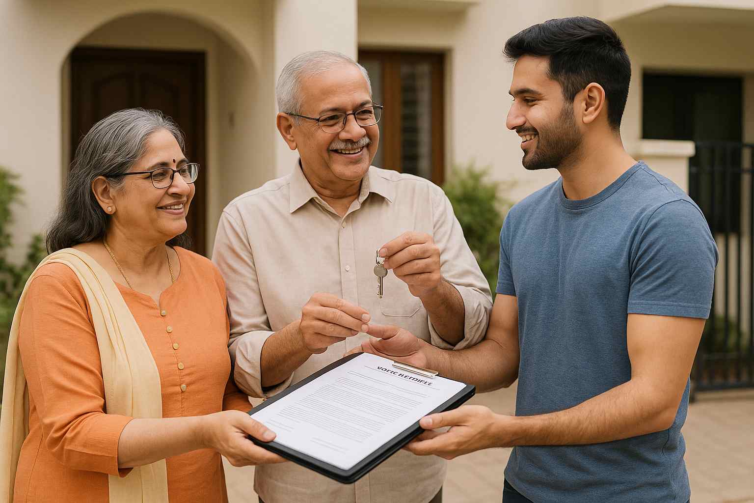 Indian parents handing over house keys and legal property documents to their adult NRI son in front of a home, symbolizing inheritance, property succession, and repatriation planning for NRIs in India.
