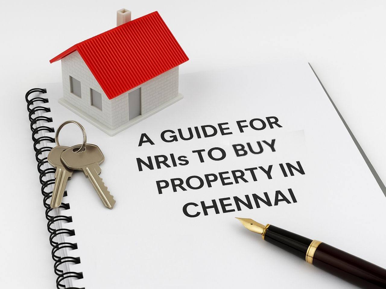 Spiral-bound guide titled A Guide for NRIs to Buy Property in Chennai placed on a white surface, alongside a miniature house with a red roof, a set of house keys, and a fountain pen, symbolizing the NRI property buying process in Chennai.
