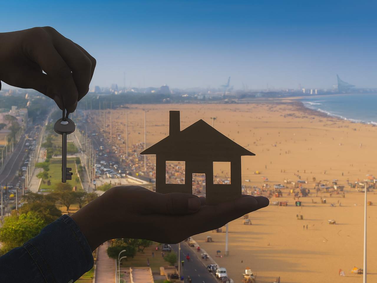 NRI-focused real estate visual showing a hand holding a key and a house cutout against the backdrop of Marina Beach and Chennai skyline, symbolizing secure property investment, high ROI, and trusted infrastructure in Chennai for global Indian buyers.