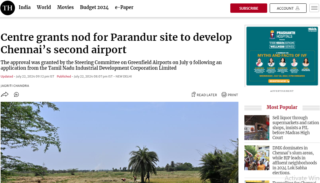Centre grants nod for Parandur site to develop Chennai’s second airport